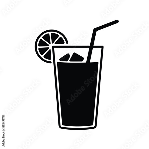 Simple black and white icon of a refreshing drink with lemon and ice