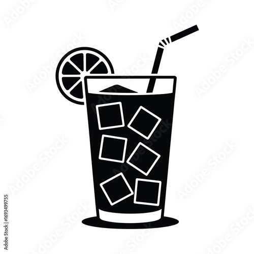 Tall glass of iced drink with straw and lemon slice
