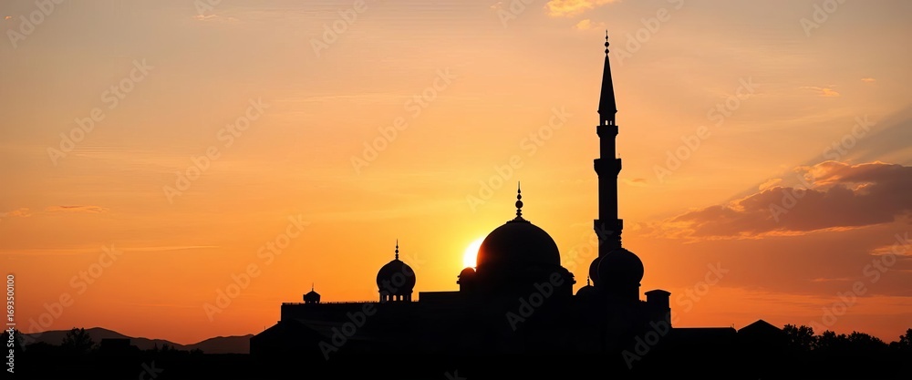 Fototapeta premium Elegant silhouette of a mosque at sunset, Ramadan Kareem greeting card design, spirituality, crescent