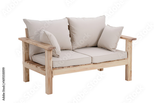 Two seater wooden patio sofa with comfortable beige cushions isolated on a white background.