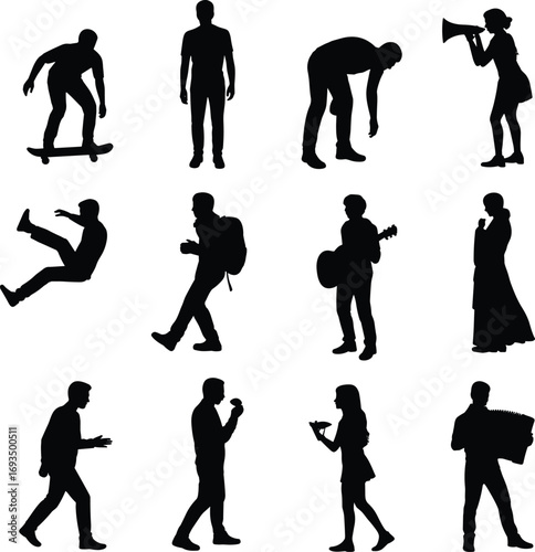 Collection of diverse human silhouettes, walking, skating, playing instruments, shouting, standing, and reading, isolated on white background for creative projects.