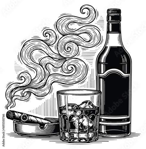 A vintage illustration of a cigar smoldering in an ashtray next to a glass of whiskey on the rocks and a bottle of liquor.