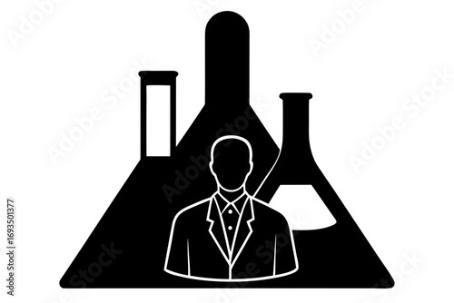 Silhouette of a scientist in a lab coat in front of laboratory glassware