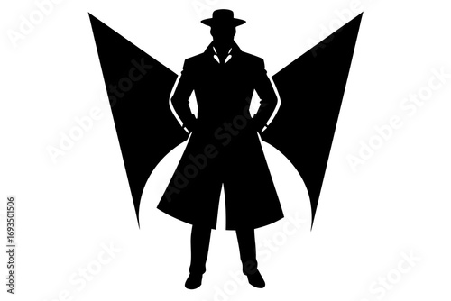 Silhouette of a detective in a trench coat and hat with wings