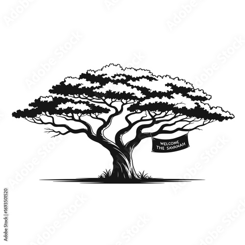 Silhouette of a large ancient tree with a banner hanging from a branch