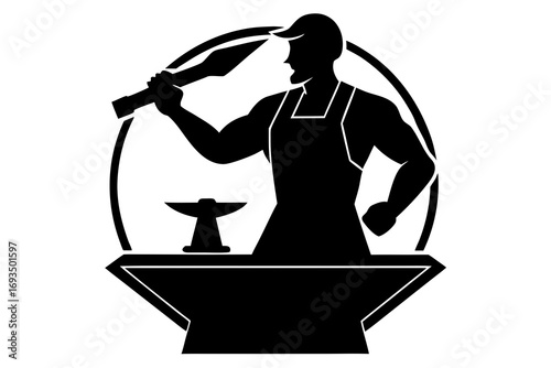 Blacksmith silhouette holding a sword over an anvil