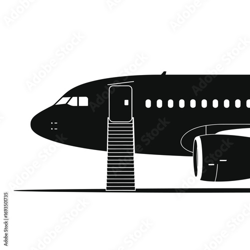Silhouette of an airplane with an open door and stairs