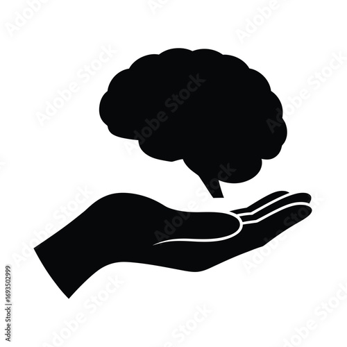 Black silhouette of a human hand holding a brain icon