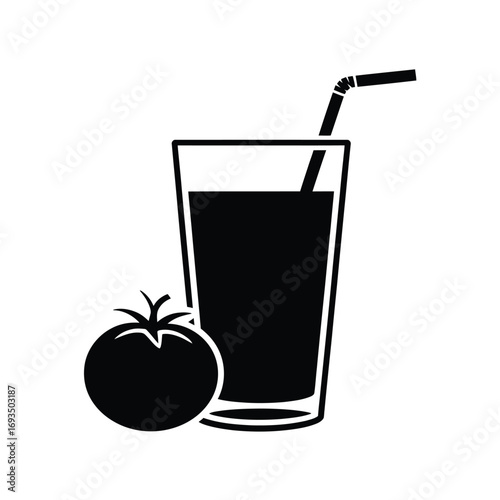 Black and white illustration of a glass of tomato juice with a straw and a tomato