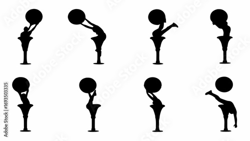 Dynamic silhouettes of athletes balancing heavy spheres, showcasing strength, agility, and focus in powerful poses.