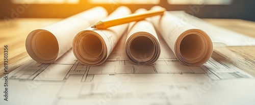 Rolled architectural blueprints on a table