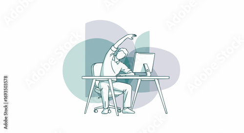 Desk stretch for wellness Illustration of a person taking an ergonomic break from their computer, promoting healthy habits and physical comfort during office work