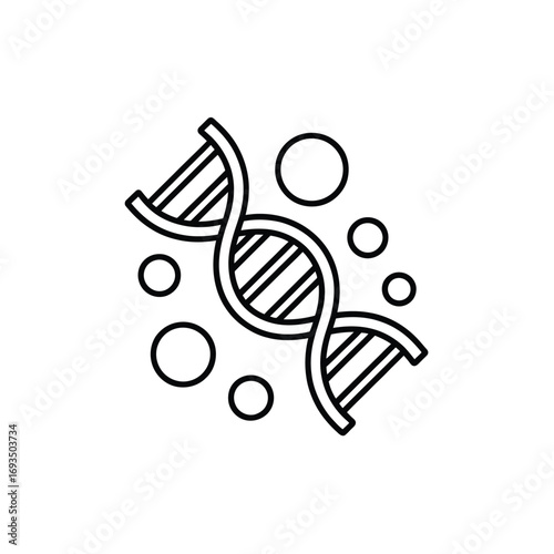 Stylized black and white illustration of a dna double helix with bubbles