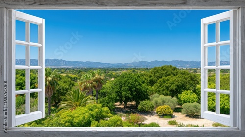 Open Window View to Green Garden and Nature Landscape