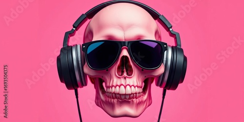 Skull wearing headphones and sunglasses, pink background,   illustration,  cool