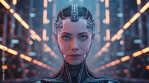 Artificial Cyber Human Intelligence – Futuristic Woman Cyborg with Digital Brain, AI Android Face, Virtual Communication, Computer Technology, Science, Machine and Cybernetic Concept