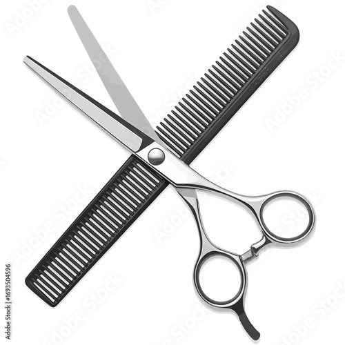 Professional hairdressing scissors and comb crossed on white background
