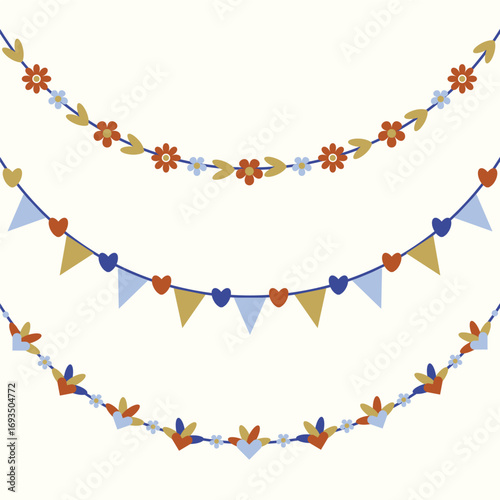 Cute beautiful and lovely colors hearts and flowers hanging decoration bunting banners set on beige background 
