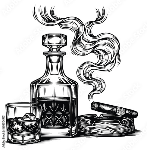 Whiskey decanter, rocks glass, cigar, and ashtray in vintage style.
