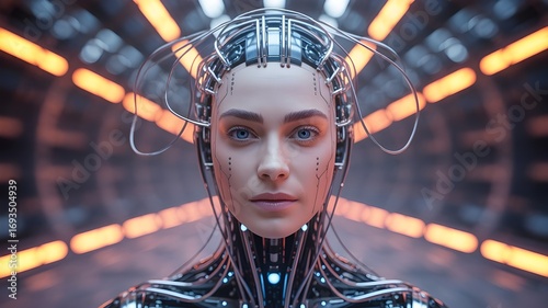 Artificial Cyber Human Intelligence – Futuristic Woman Cyborg with Digital Brain, AI Android Face, Virtual Communication, Computer Technology, Science, Machine and Cybernetic Concept