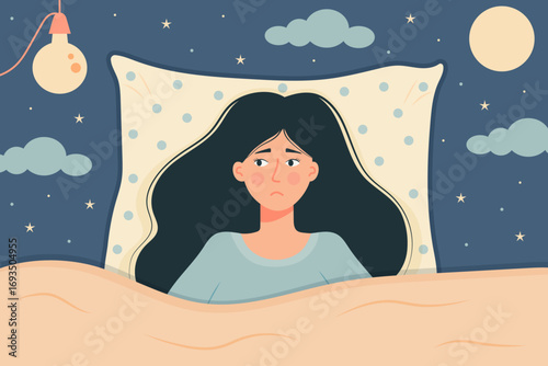 Sleepless woman suffering from insomnia. Girl with open eyes lying on bed. Female can not sleep under blanket thinking about her problem. Flat cartoon illustration