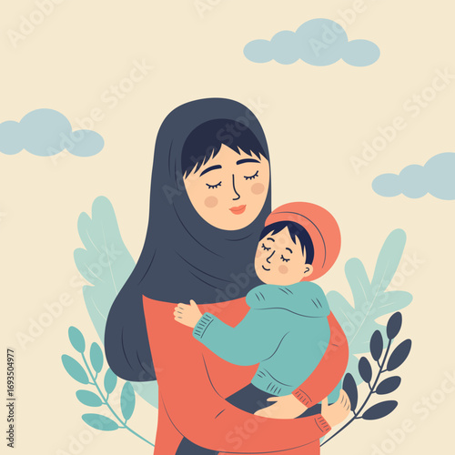 Muslim woman in hijab holding a child in her arms. Motherhood, maternal love, and family care. Flat cartoon illustration