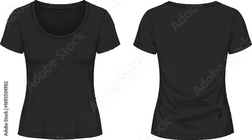 image showing a black short-sleeve women's t-shirt, displayed from both the front and back views. It has a scoop neckline and a slightly fitted shape.