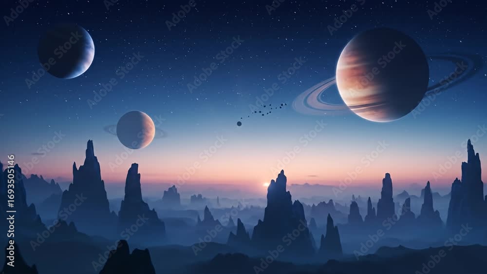 Planetscape A view of a alien world with multiple moons and ringed ...