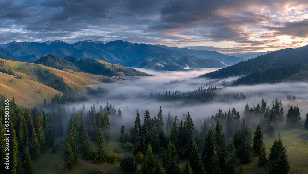 Obraz premium Serene Morning Mist Over Valley and Mountains