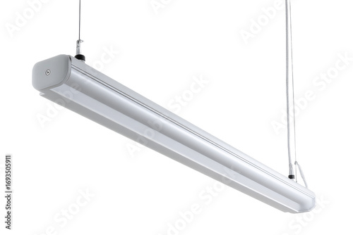Hanging dual tube fluorescent light fixture isolated on white.