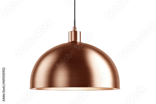 Stylish Copper Dome Hanging Light Fixture on White Background.