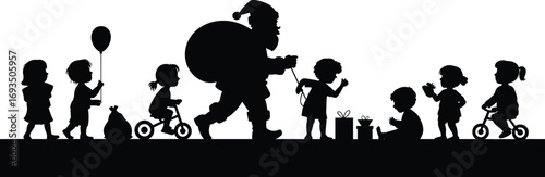 Silhouette of Santa Claus walking with sack and children playing, Christmas gifts, festive holiday joy, winter celebration, kids having fun.