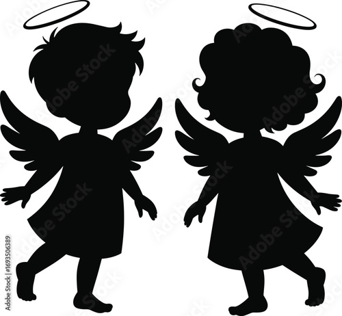 Silhouette of two cute angel children with halos and wings, walking barefoot, heavenly innocence, spiritual design, divine friendship concept.