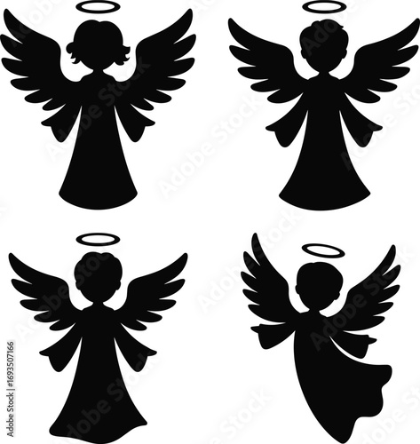 Silhouettes of angel figures with halos, flying spiritual icons, divine winged characters, heavenly beings, religious symbols, celestial guardian illustrations.