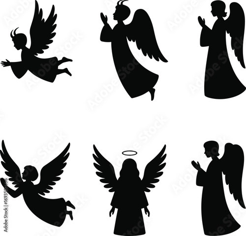 Silhouettes of praying angels with wings and halos, divine spiritual figures, celestial guardians, religious icons, flying angel characters, holy heavenly symbols.