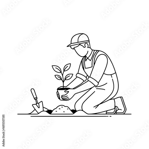 Nurturing Growth: A gardener meticulously plants a seedling, symbolizing care, environmental stewardship, and growth.