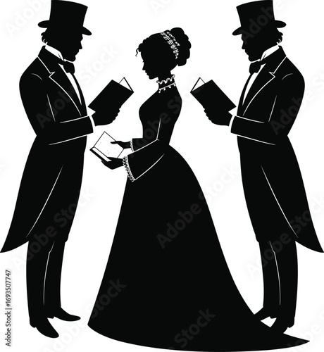 Vintage wedding couple silhouette, Victorian bride and groom, elegant historical attire, romantic ceremony, classic love scene, black and white vector art.