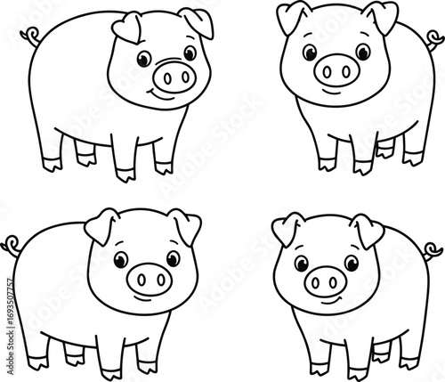 Cute pig coloring page vector, farm animal outline drawing, cartoon pig illustration for kids, printable pig sketch, black and white art
