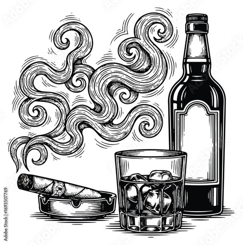 A black and white engraving of a whiskey bottle, a glass with ice, and a lit cigar in an ashtray with swirling smoke.