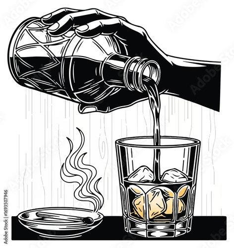 A hand pours whiskey with ice into a glass next to a smoking incense stick.