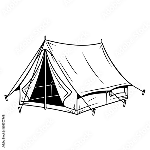 Camping tent Outline: A detailed monochrome outline of a sturdy camping tent, perfect for illustrating outdoor adventures and the spirit of exploration.