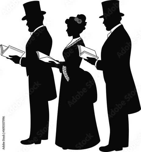 Victorian carolers silhouette, vintage Christmas singing, holiday tradition, historical dress, festive group illustration, singing people, elegant winter scene, joy