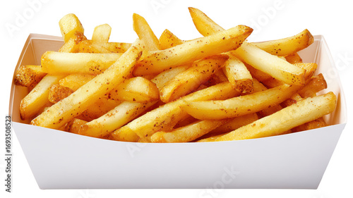 Freshly cooked golden fries served in a white paper tray isolated on transparent background.