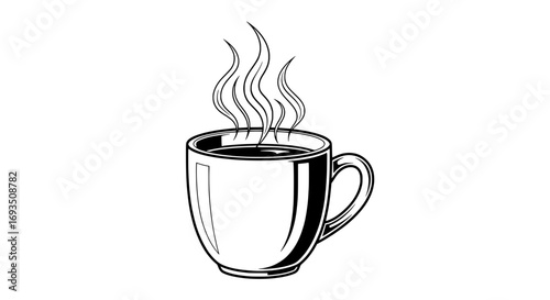 Aromatic Brew: a meticulously drawn, steamy coffee cup, filled to the brim with rich, dark brew, rising upwards delicate wisps of vapor and aromatic warmth.