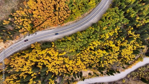 Cars Driving Along Million Dollar Highway in Peak Fall Colors (Top Down Aerial)