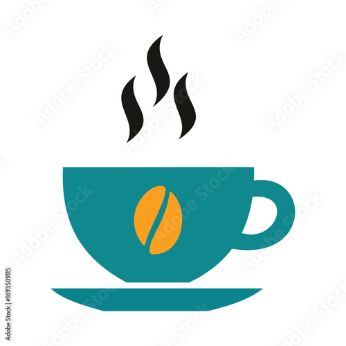A teal cup of steaming coffee with a roasted bean icon, perfect for coffee shops and cafes