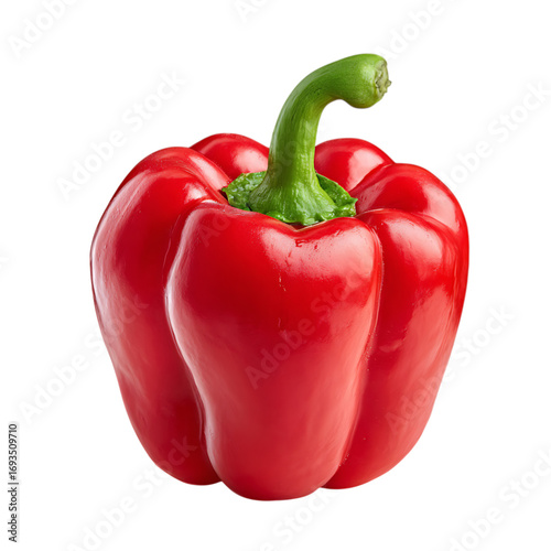 Fresh red bell pepper with green stem on white background. 