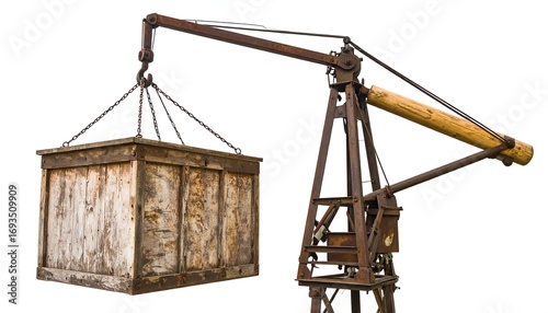 Rusty crane lifting a wooden crate