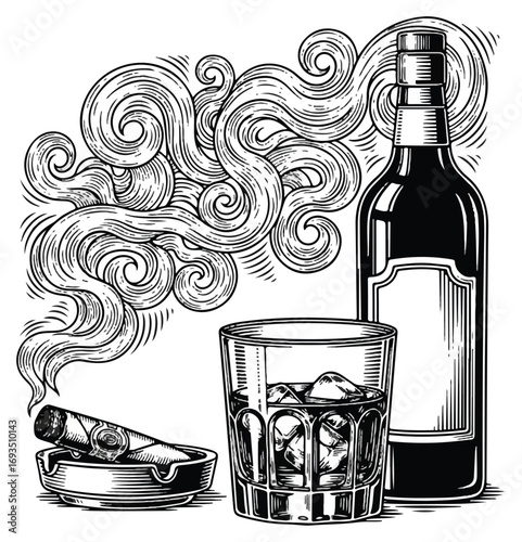 Vintage illustration of whiskey glass, cigar, and wine bottle.