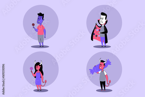 Vibrant Halloween set with diverse characters dressed as devil, vampire, and other playful figures, joyfully enjoying candy amidst festive backdrop, ideal for parties and celebrations